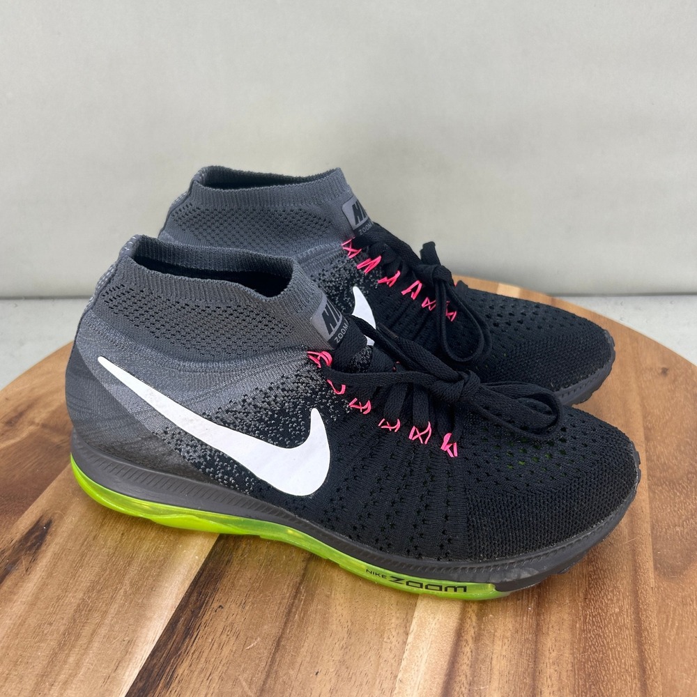 Nike Zoom All Out Flyknit Womens Size 8 Black Grey Volt Running Shoes 845361-002